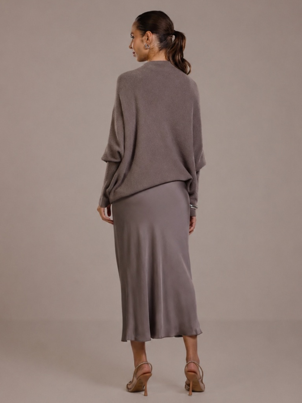 JAKI London Asymmetric Draped Italian Knit Sweater Mink S/M - Picture 4 of 10